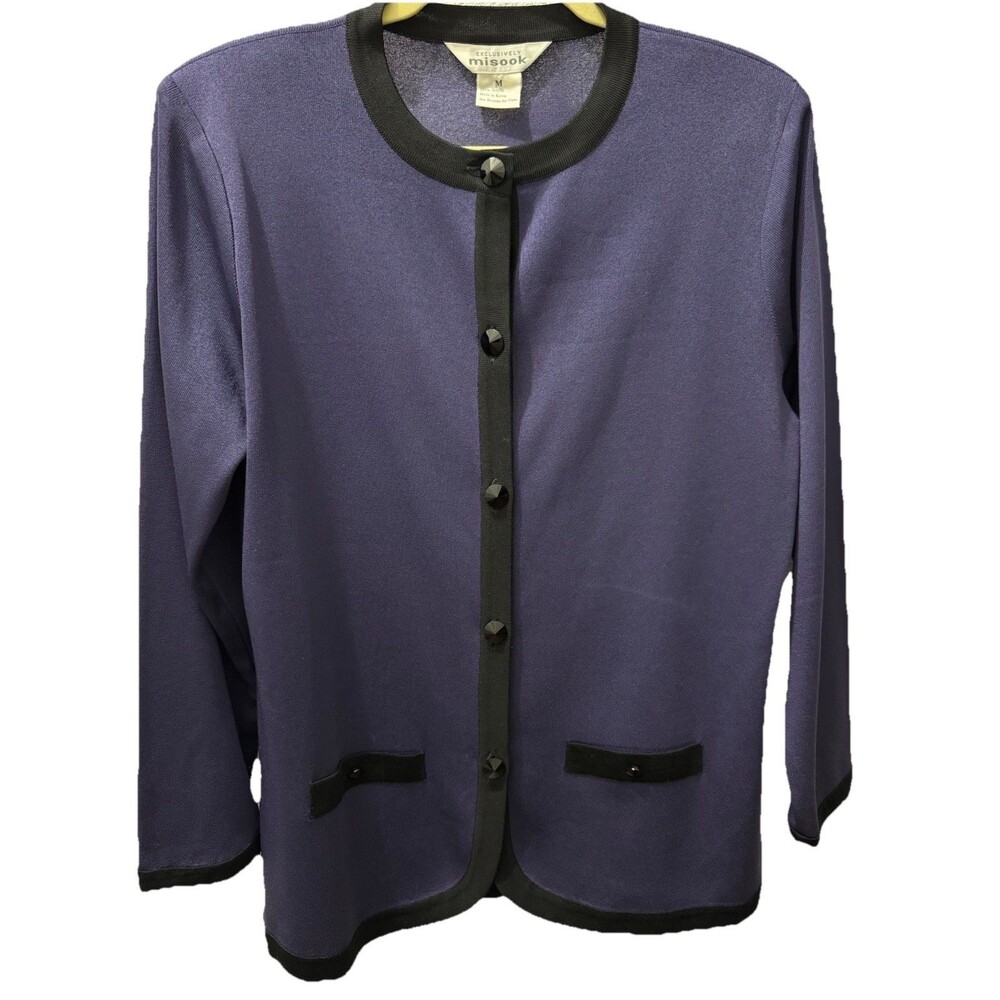 Exclusively Misook Purple w/ Black Trim Knit Cardigan Sweater Jacket Medium